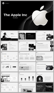 Monochrome presentation slides covering Apple's history, evolution, innovations, and more, featuring its iconic logo.