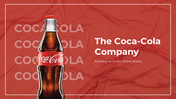 A collection of Coca-Cola slides showcasing key aspects of the company's brand story, all set against a red background.