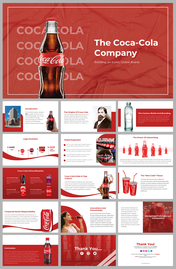 A collection of Coca-Cola slides showcasing key aspects of the company's brand story, all set against a red background.