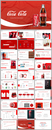 Coca Cola themed slide pack with various classic bottle image, charts, and graphs in red and white accents.