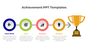 Achievement slide showcasing a process from hard work to reward with colorful icons, text descriptions, and a trophy.