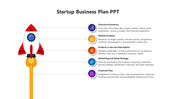 Startup plan design featuring a rocket and five circular icons, each symbolizing key elements with descriptions.