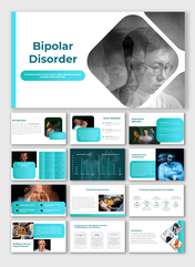 Bipolar disorder slide deck with images of distressed people, explaining symptoms and treatment, in turquoise accents.