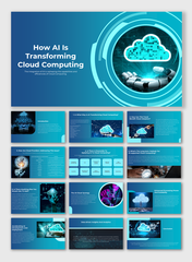 Slide deck with blue gradient background, cloud and AI imagery, circuit patterns, and multiple text-filled layouts.