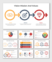 Slide deck showing vision, mission, and values concepts in various layouts with icons for an eye, target, and diamond.