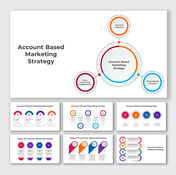 Marketing strategy slide pack showing diagrams with various shapes and layouts, accented with red, blue, orange, and purple.