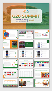 A pack of G20 summit slides featuring various related topics with image and text descriptions.