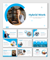 Slides on hybrid work, including welcome messages, benefits, and challenges of working from home with text descriptions.