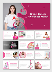 Slide deck for breast cancer awareness month, showing a woman with a pink ribbon and event information on a pink background.