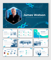 Slide deck about James Watson, Nobel laureate, with a photo and background visuals of DNA double helixes.