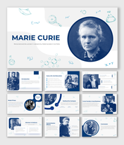 Marie Curie slides with blue tinted photos, including sections on her education, scientific discoveries, and Nobel Prizes.