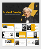 Michael Faraday slide deck displaying his portrait, detailing his life and achievements with yellow and black design.