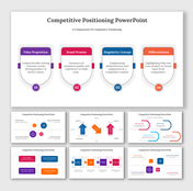 A pack of slides showcasing the four components of competitive positioning in colorful different layout designs.