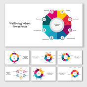 A pack of wellbeing wheel slides showcasing various aspects of wellbeing with colorful wheel diagrams.