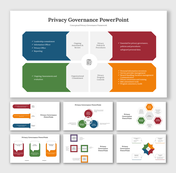 Privacy Governance slides showcasing a conceptual privacy framework with sections in different colorful layout designs.