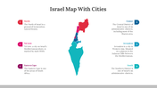 Israel map with cities highlighted in red, teal, and blue, with corresponding numbered captions on both sides.