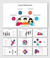 A pack of team collaboration slides showing key elements like human illustrations with colorful icons.