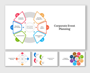 PowerPoint slides illustrating corporate event planning with icons and different colorful layout designs.