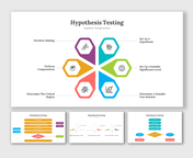 Slide deck covering hypothesis testing, with a central six-step process diagram and supporting slides in a white background.