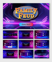 Family Feud game slide deck with neon effects, including various rounds and trivia question slides about movie quotes.