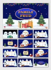 Slide pack featuring Christmas elements like Santa, reindeer, gifts, and decorated trees in a blue background.