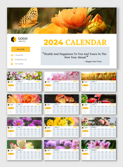 Floral themed 2024 calendar slides, each month paired with a different blooming flower image, using a modern layout.