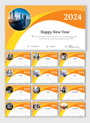 2024 calendar slides displaying all 12 months in a grid layout with images and icons, with important holidays marked.