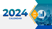 2024 calendar slides with a modern design featuring business related imagery and monthly views from January to December.