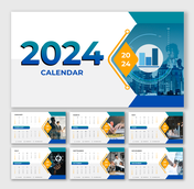 2024 calendar slides with a modern design featuring business related imagery and monthly views from January to December.