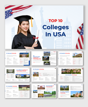 Slide pack featuring black-gowned graduate with U.S flags and various college images and text, all in red and blue accents,