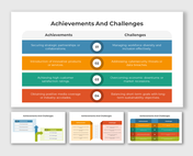 A pack of achievements and challenges slides featuring a comparison of successful outcomes with various colorful designs.