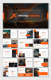 Mining industry slide deck with various topics, including exploration techniques, and economic aspects, with a dark theme.