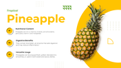 Pineapple graphic highlighted by a yellow arc, with three text points on the left, set against a white background.