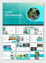 Food microbiology slide deck with teal backgrounds, covering microbial food spoilage, pathogens, and safety regulations.