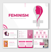 Feminism presentation slide deck with a pink and white theme, covering topics like introduction and achievements, etc,..