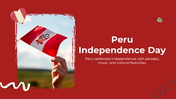 A vibrant red-themed slides celebrating Peru independence day with images of traditional attire, and festive elements.