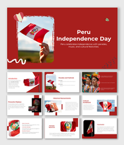 A vibrant red-themed slides celebrating Peru independence day with images of traditional attire, and festive elements.