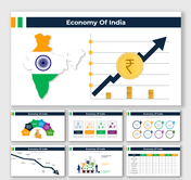 Slide deck on the economy of India with a tricolor map, rupee symbols, and charts showing growth and economic sectors.