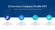 IT services company profile slide with four colored icons representing services and placeholder text for descriptions.