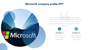 Company profile slide featuring an office building image with the Microsoft logo and two options with placeholder text.