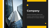 Header and separator company introduction slide with skyscraper image, modern black and yellow design elements.