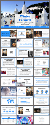 A slide deck about Winter Carnival featuring a snow castle, colorful carnival images, and various informational slides.