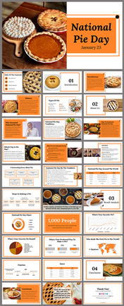 National pie day slide deck featuring pies on a wooden surface and the event date, January 23, on a orange background.