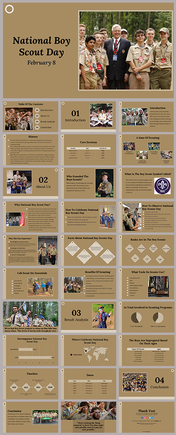 National Boy Scout day slides with a brown theme, covering history, aims, benefits, and celebrations of scouting.