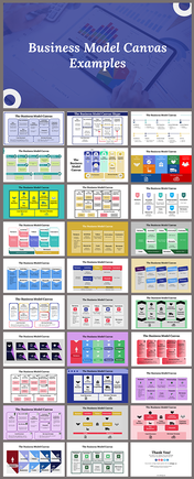 Slide deck featuring multiple business model canvas layouts in assorted colors, showcasing different formats.