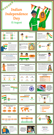 Pack of slides with illustrations of people, flags, and text blocks in green-orange themed borders and accents.