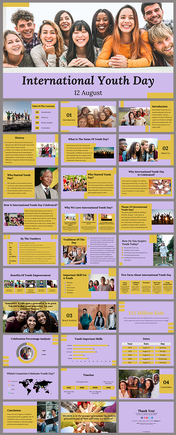 Slide pack with a purple and yellow theme, featuring images of diverse youth, text sections, and infographic elements.