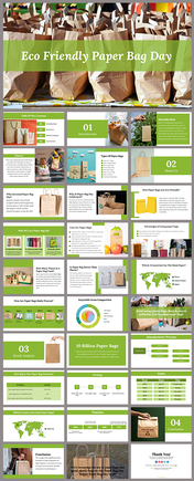 Slide deck on eco-friendly paper bag day, featuring sections on the benefits, history, and global use of paper bags.