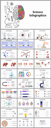 Slide deck featuring science infographics, including chemistry setups, biological organs, physics concepts, and lab tools.