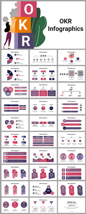 OKR infographics cover with stacked letters and slide previews showing various OKR layouts and designs.